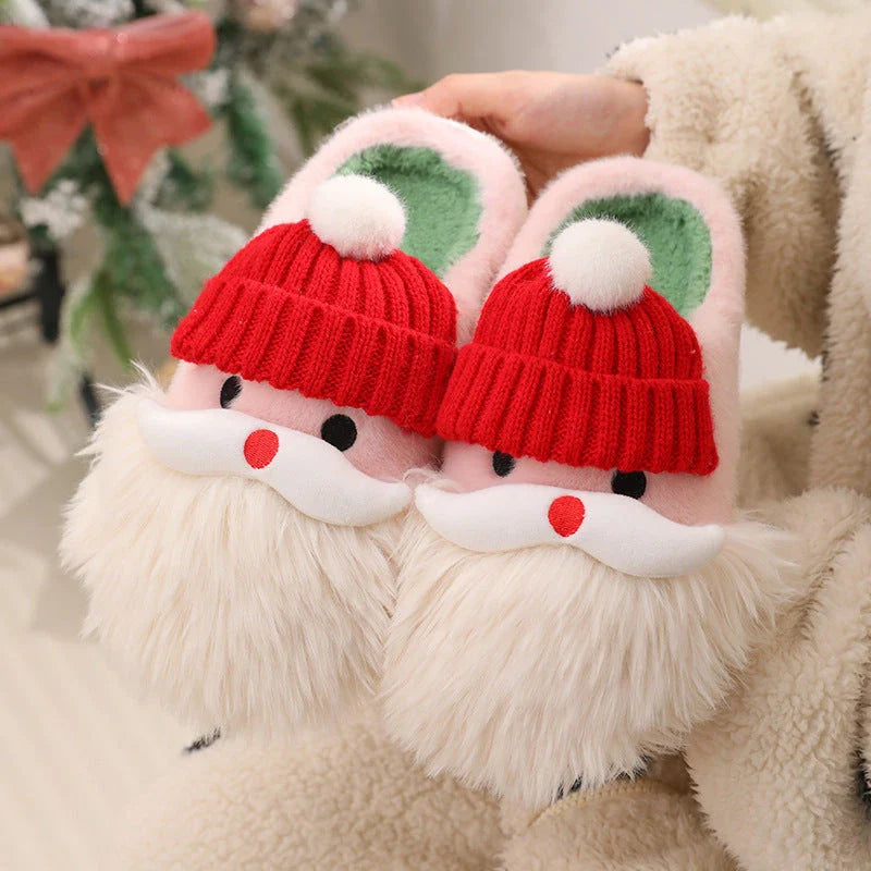 Cozy Christmas Santa Claus-themed slippers in plush material with non-slip soles, available in a range of sizes