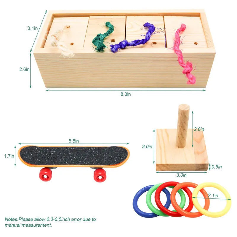 Wooden parrot puzzle training toy set showing pieces from the 3, 6 and 8 piece configurations.