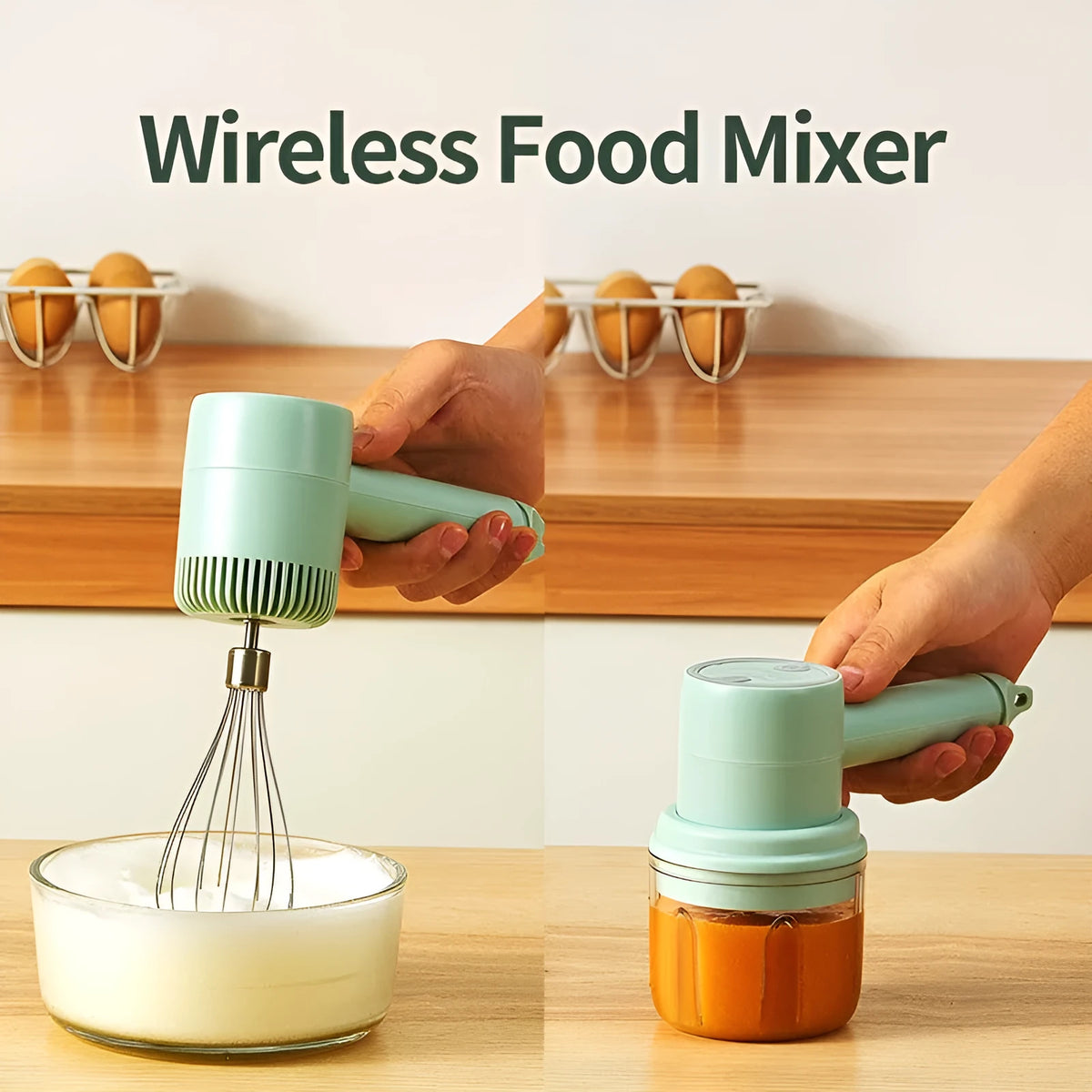 Green rechargeable electric hand mixer with whisk and beater attachments on a kitchen counter