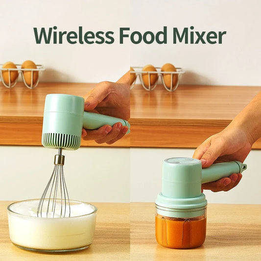 Cordless electric hand mixer with whisk and dough hooks for effortless mixing and kneading in the kitchen