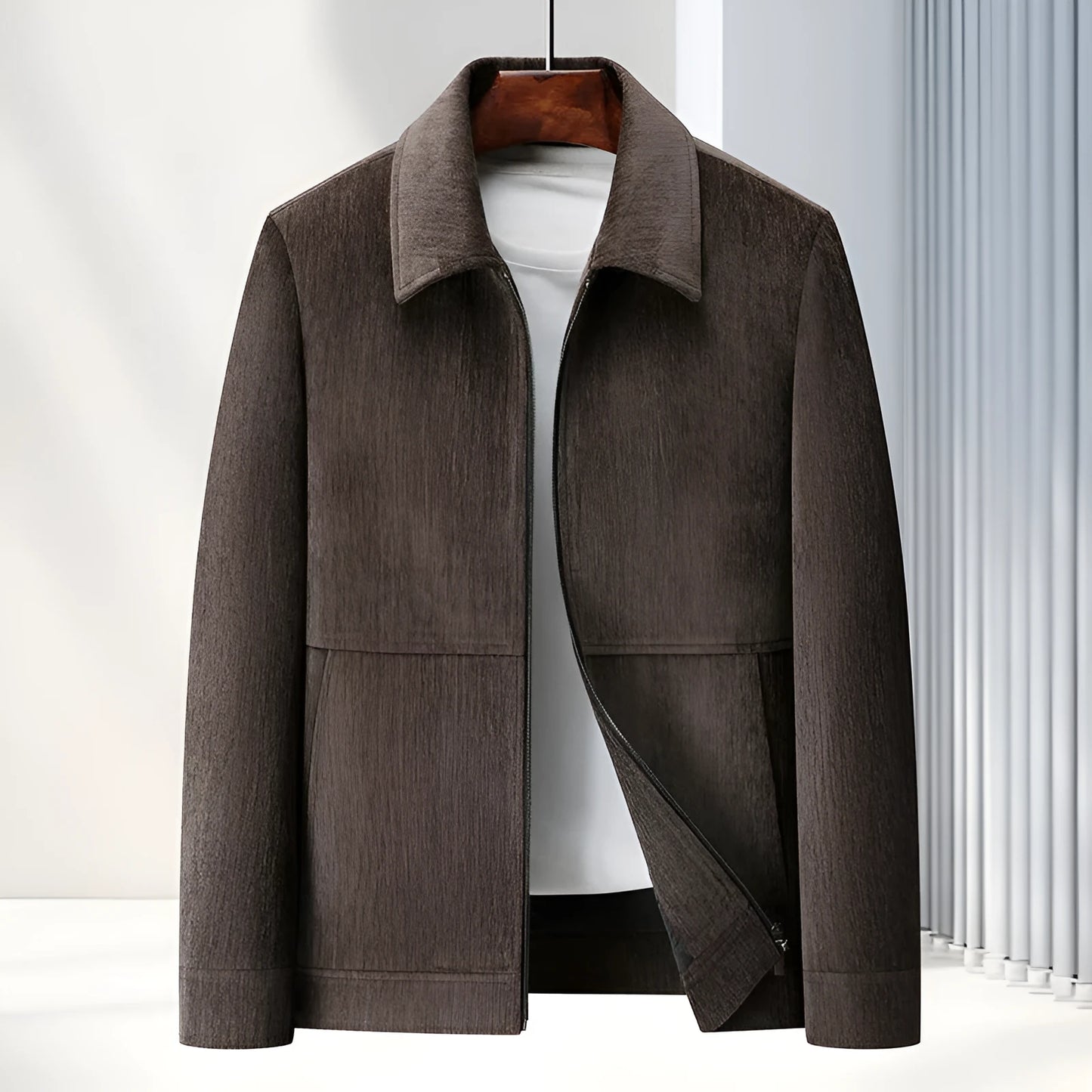 Men's slim-fit casual jacket in polyvinyl alcohol fibre fabric, available in black, caramel, dark blue, brown for middle-aged leisure wear