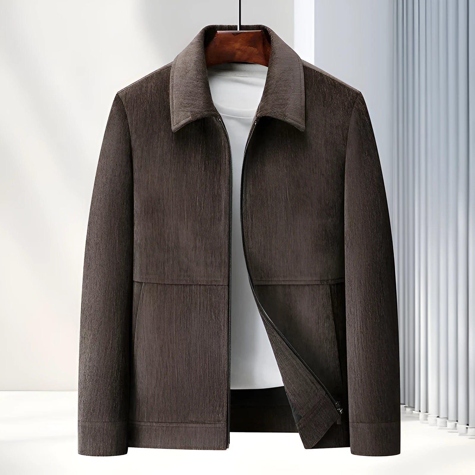Men's slim-fit casual jacket in polyvinyl alcohol fibre fabric, available in black, caramel, dark blue, brown for middle-aged leisure wear