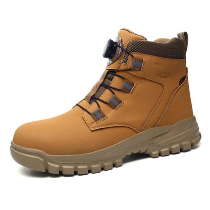 A pair of black leather labour protection safety shoes with rubber soles on a plain background.