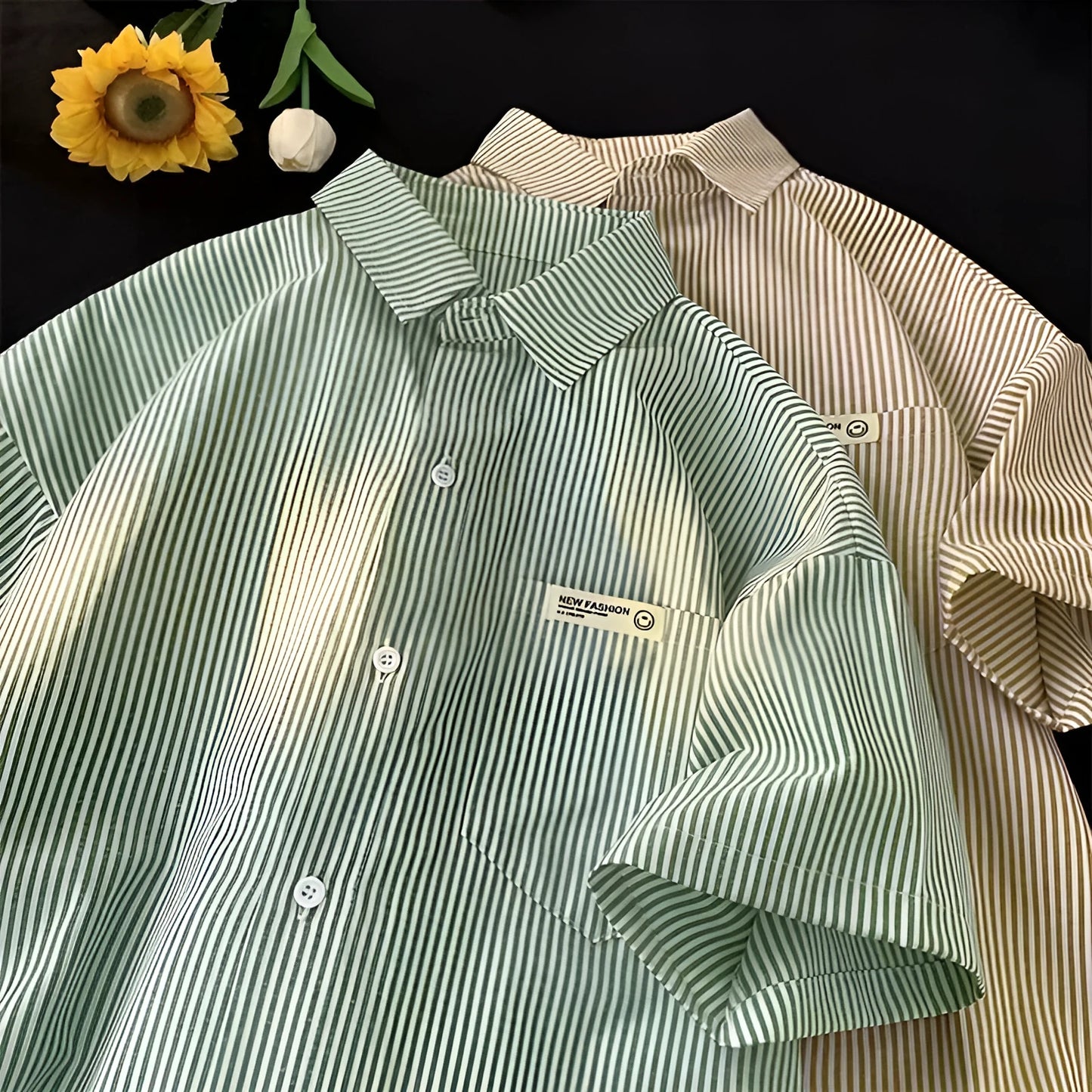 Loose plus size striped half sleeve shirt in blue or green colour