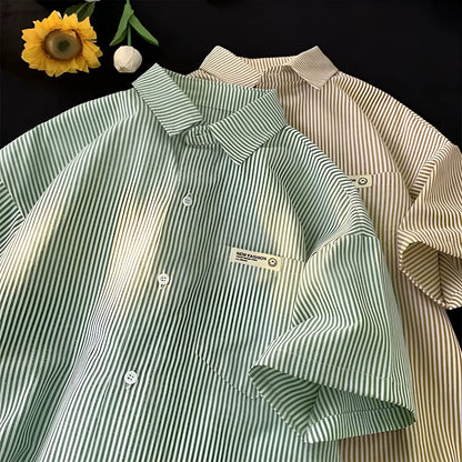 Loose plus size striped half sleeve shirt in blue or green colour
