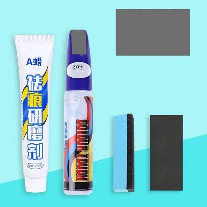 Automotive paint repair pen kit with touch-up fluid, wax, sponge, and sandpaper for car scratch repair