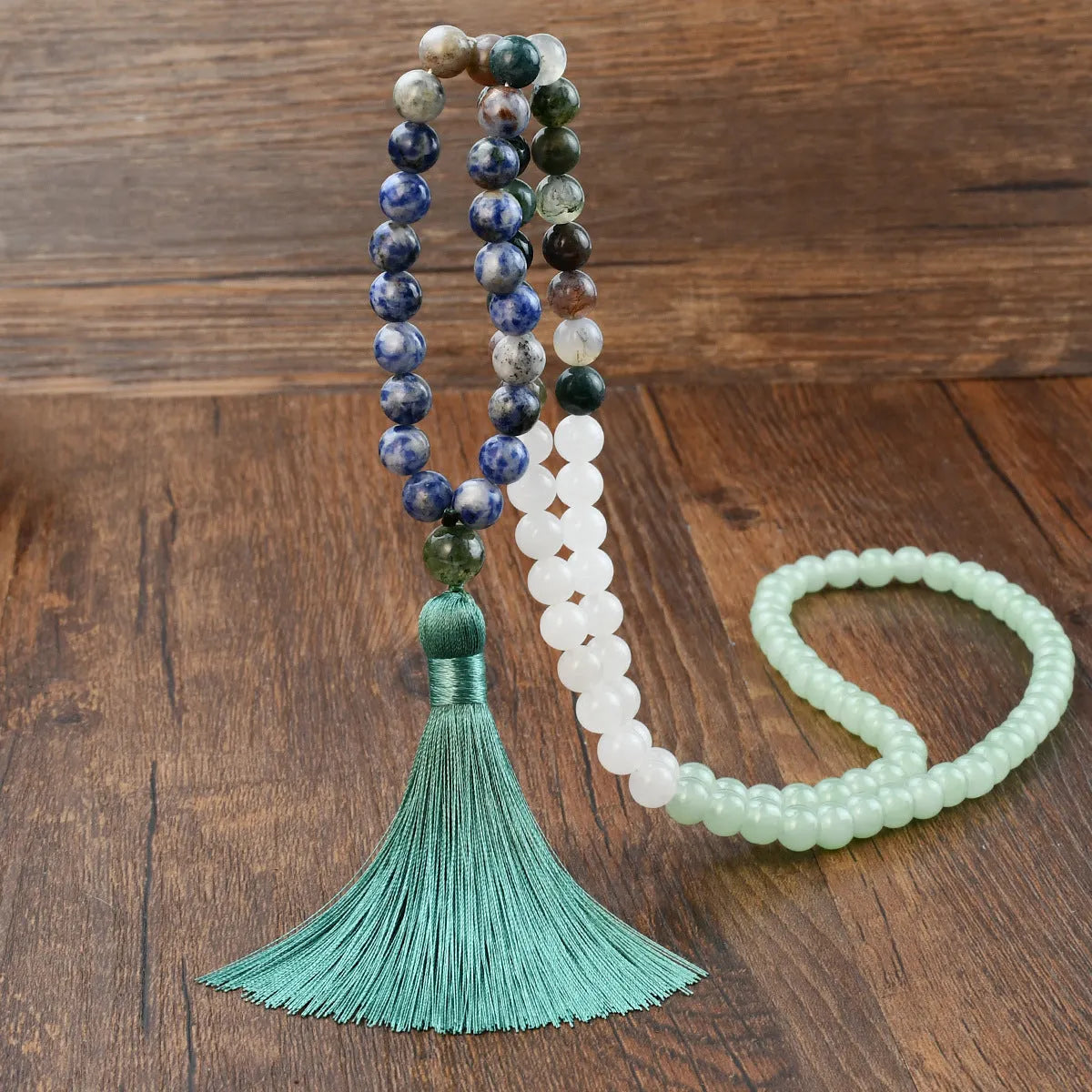 Handmade long necklace with geometric gemstone pendant and tassel on a ball bead chain