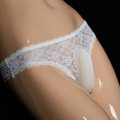 Men's lace triangle underwear with vertical pouch design in red colour on a mannequin.