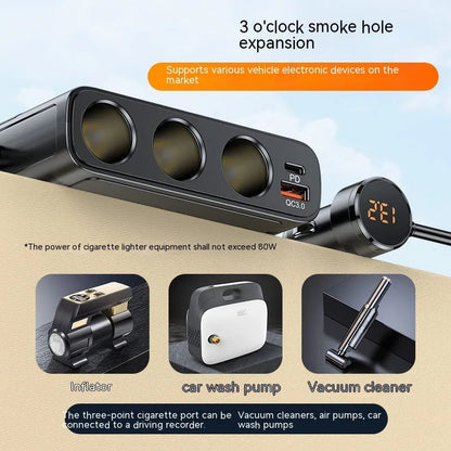 Black vehicle cigarette lighter charger with multiple USB ports and 1m cable