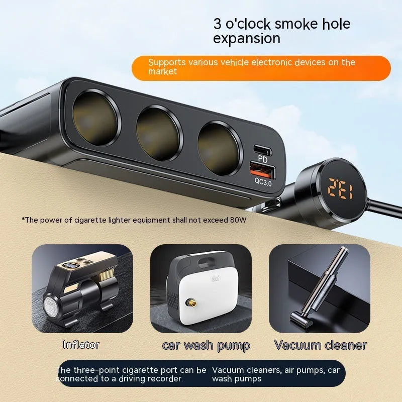 Vehicle Cigarette Lighter Multi-function USB 3.0 and PD Interface with 128W Total Output Power and 1m Cable for Car, Truck, Van, or Motorhome Charging