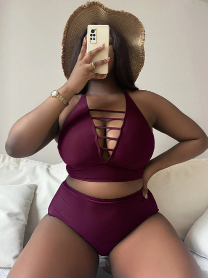 Plus size halter bikini set with adjustable straps and high-waist briefs in solid colour