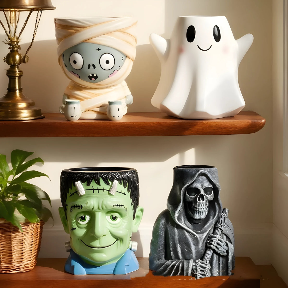 Halloween cartoon resin flower pot decorations in four hand-painted designs