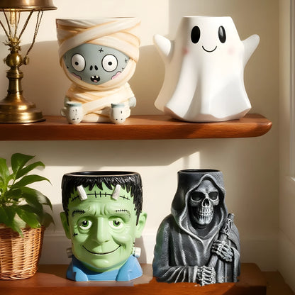 Halloween cartoon resin flower pot decorations in four hand-painted designs