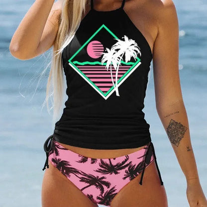 Conservative European and American women's colourful split pattern swimsuit for swimming.