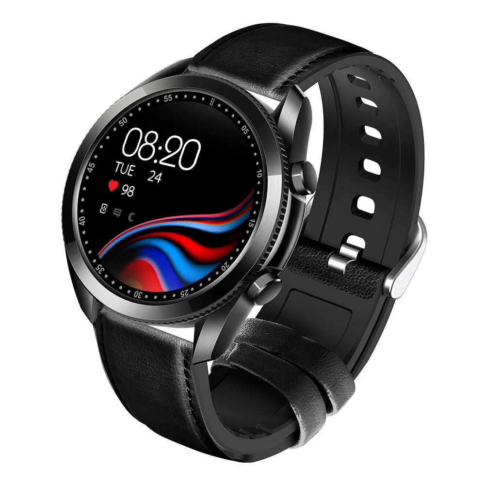 UM90 black smartwatch with leather strap showing large screen displaying heart rate and call function.