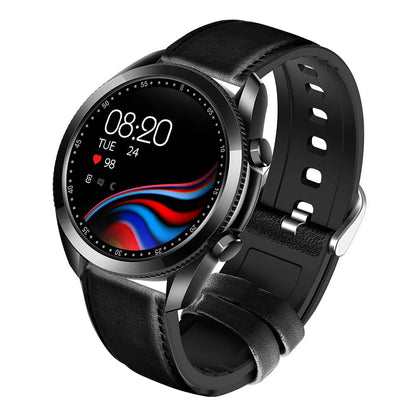UM90 black smartwatch with leather strap showing large screen displaying heart rate and call function.