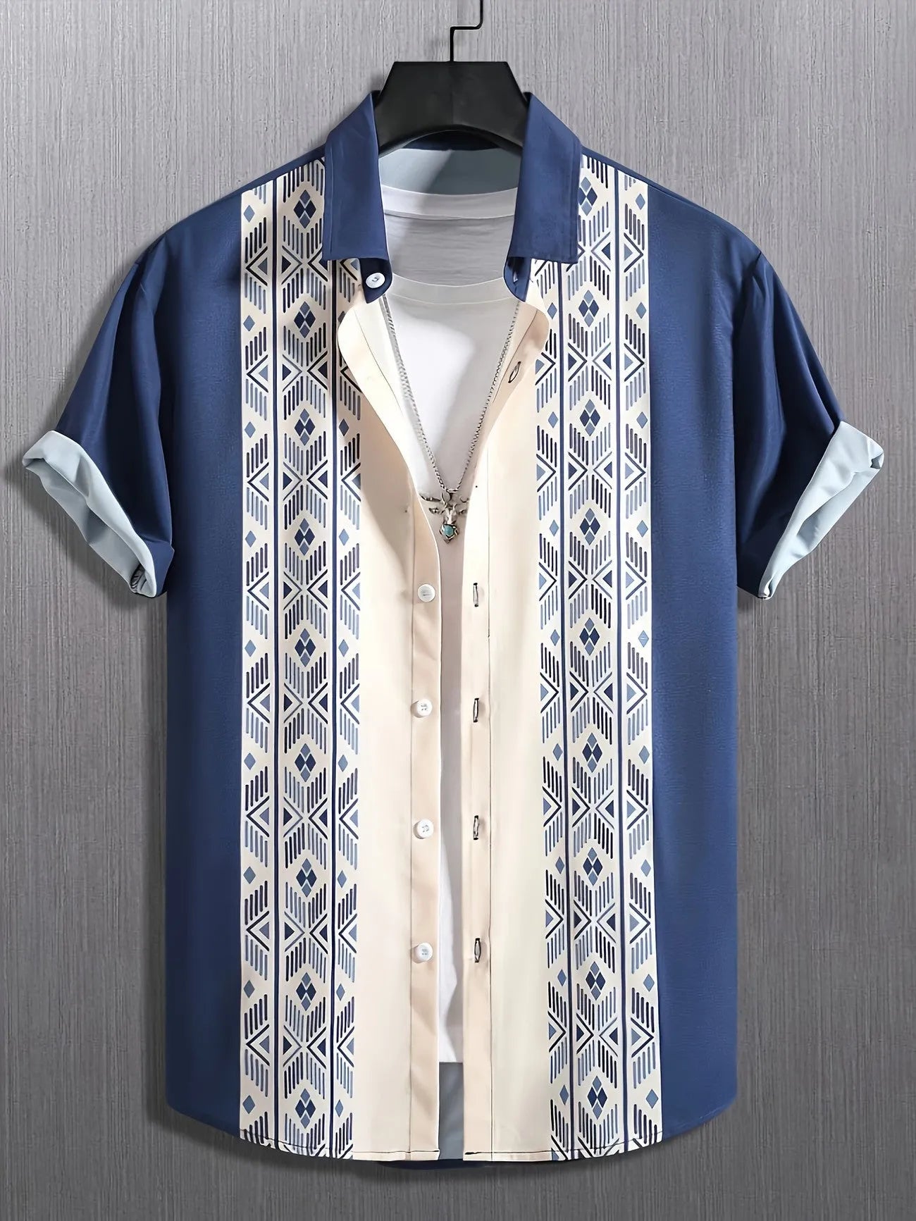 Men's plaid short-sleeve shirt with contrast lapel, shown in a loose cardigan style.