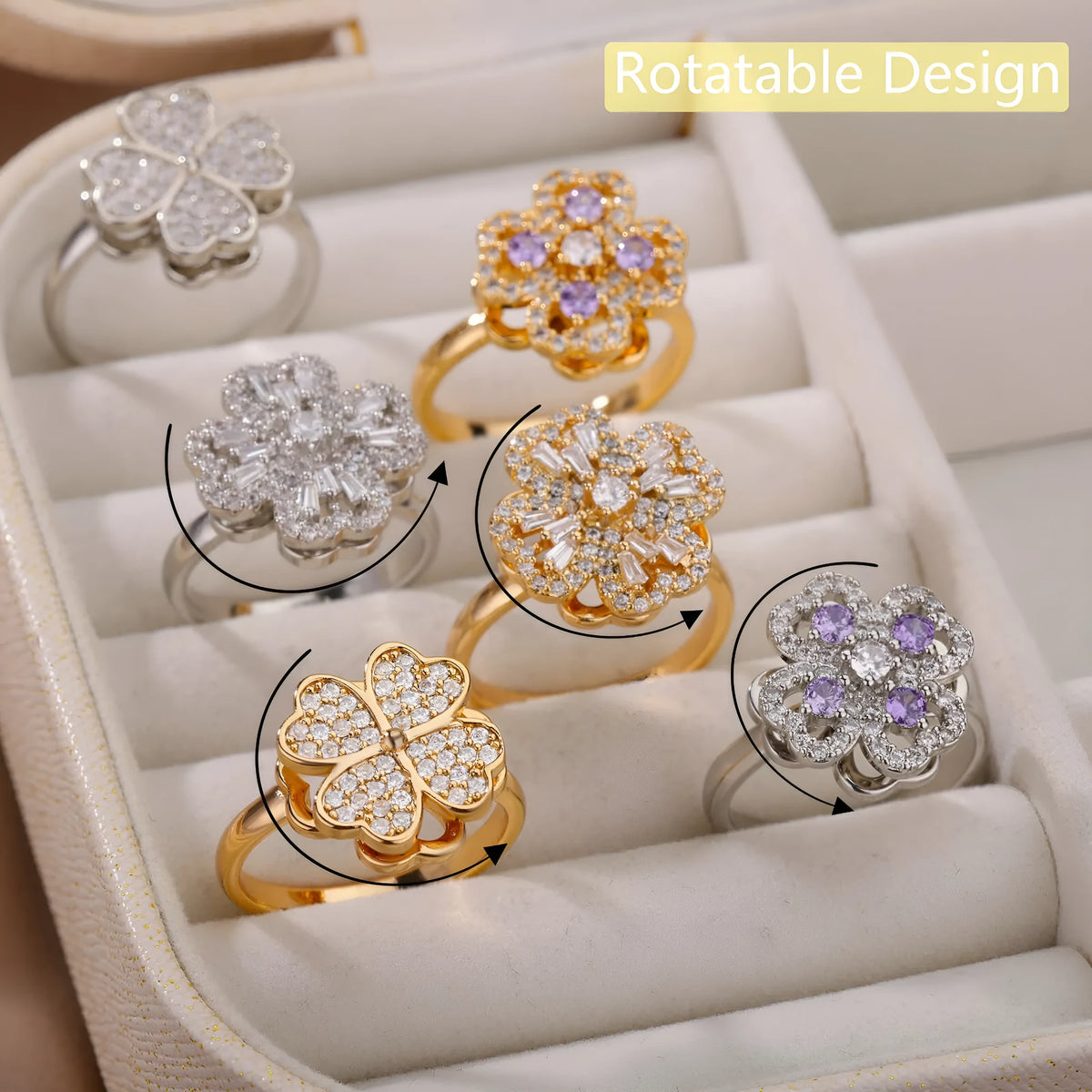 Rotatable copper flower ring with rhinestones, available in gold or platinum finish for women