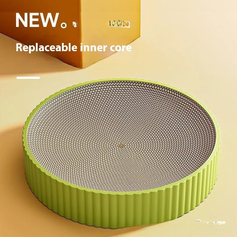 55cm round cat scratching board with replaceable corrugated paper surface in green colour