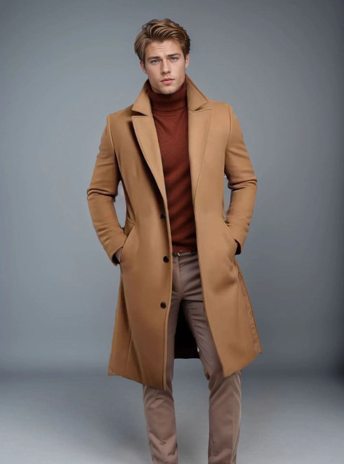 Men's mid-length woolen trench coat, British style, straight hem, embedded-line pockets, dark grey khaki black navy blue