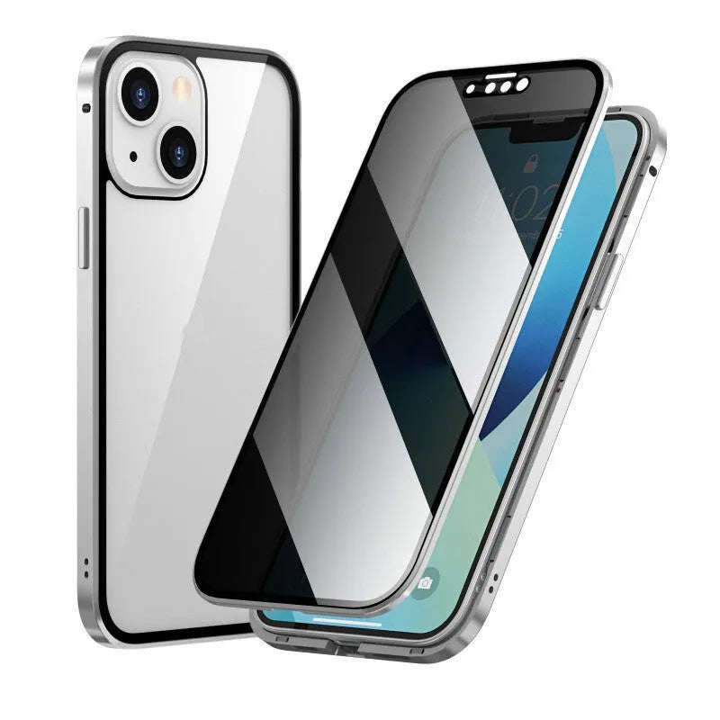 Black magnetic metal iPhone case with a privacy screen protector, shown on an iPhone 15 Pro.