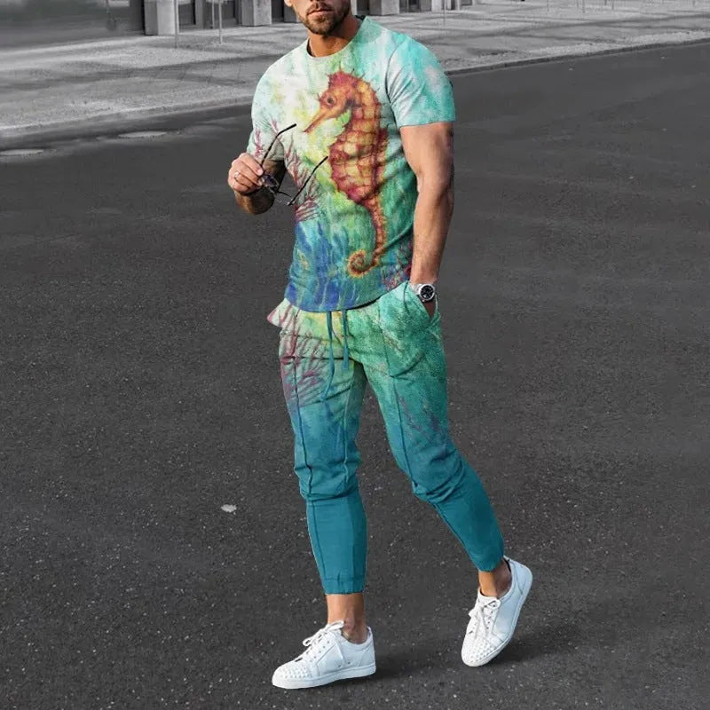 Men's printed short-sleeved pullover and trousers set in polyester blend fabric
