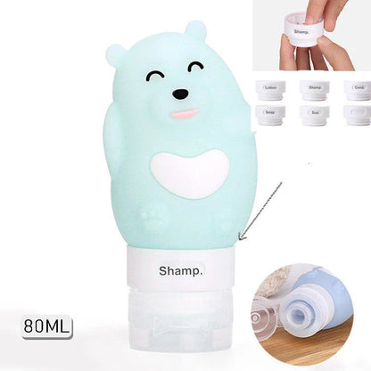 Portable animal-shaped silicone travel bottles for shampoo, shower gel, and lotion in various vibrant colors and designs