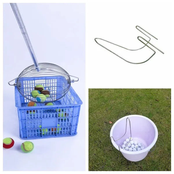 Metallic coloured stainless steel golf ball picker on a green surface.