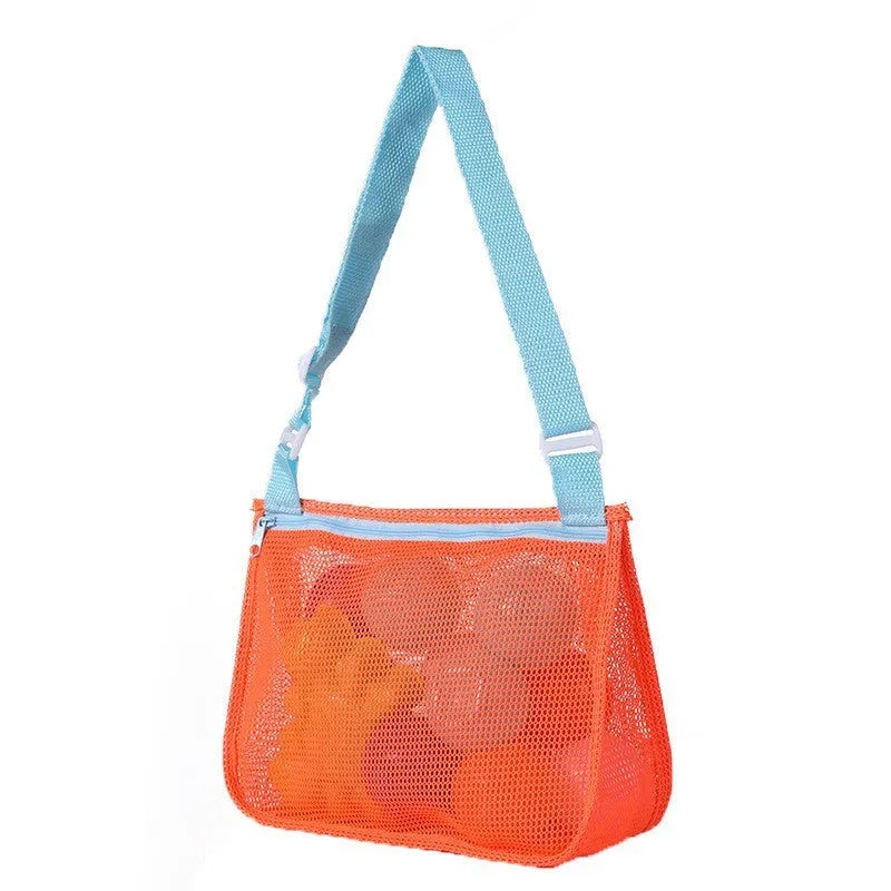 Blue children's drawstring travel storage bag made of nylon mesh for organising toys and clothes.
