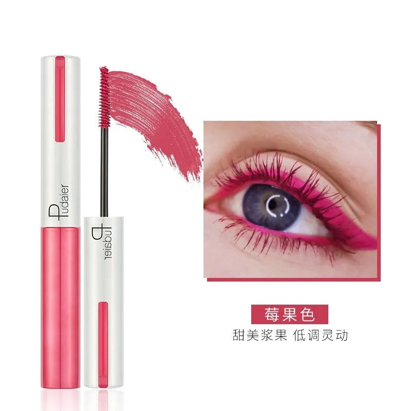 Black waterproof mascara tube with applicator showing curled lash effect