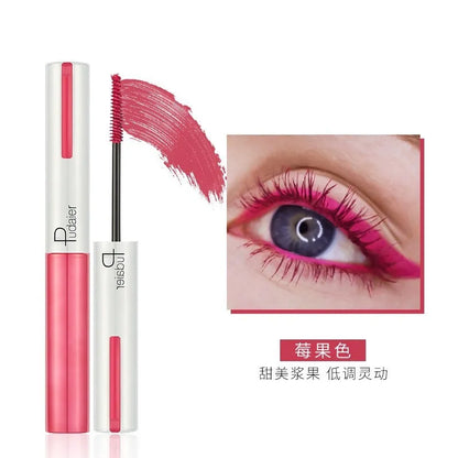 Black waterproof mascara tube with applicator showing curled lash effect
