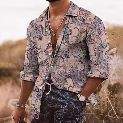 Men's bohemian shirt with 3D floral pattern digital printing, loose fit long sleeves