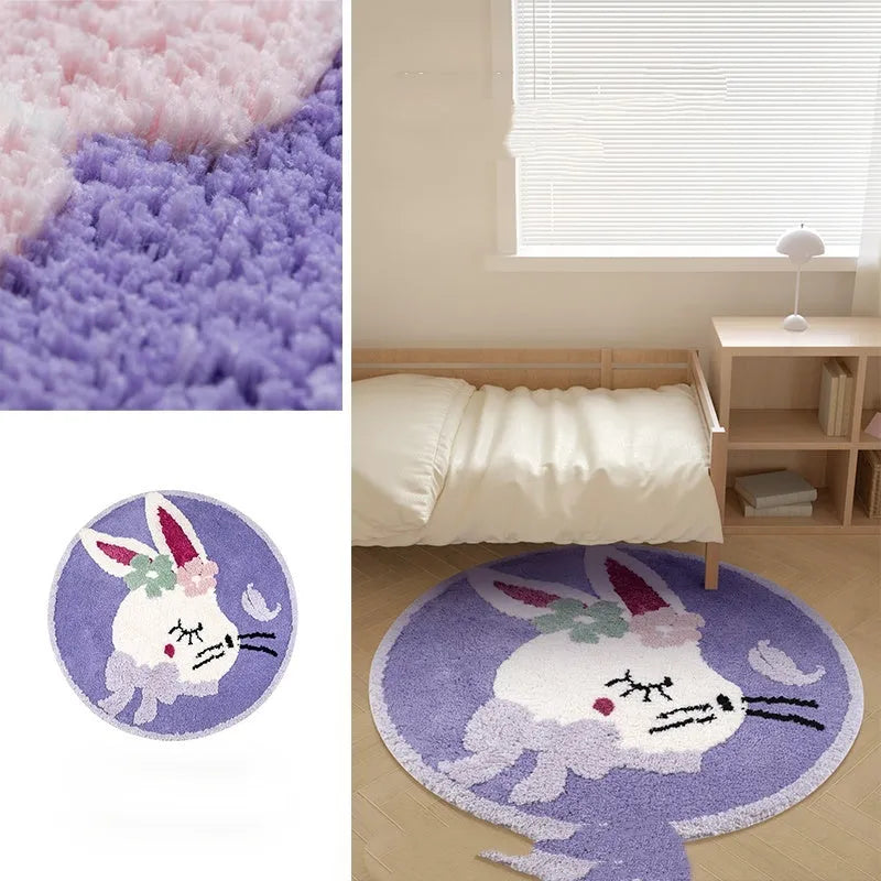 Round soft polyester children's floor carpet in forest green with anti-slip backing, shown beside a bed.