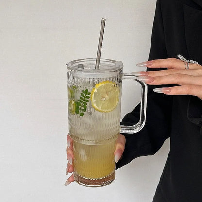 740ml round glass cup with handle, solid colour, available with lid and bent or straight straw