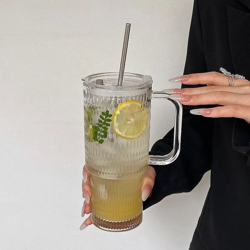 Large Capacity Glass Cup with Handle and Straw 740ml Manual Blown Glass Tumbler with Lid Options for Iced Drinks and Everyday Home Use