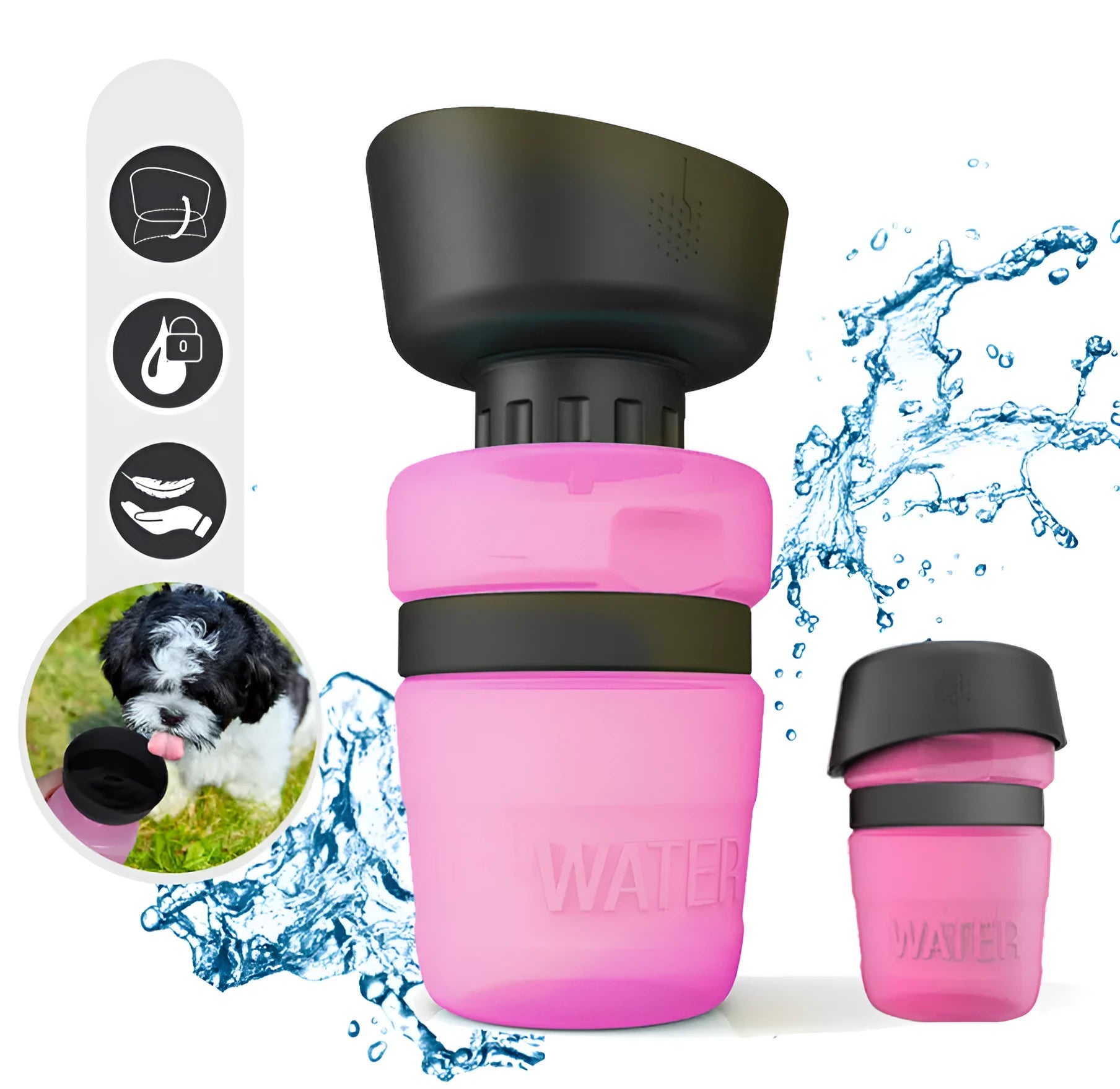 Blue portable dog water bottle with 520ml capacity and integrated sink base.