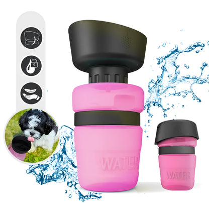 Blue portable dog water bottle with 520ml capacity and integrated sink base.