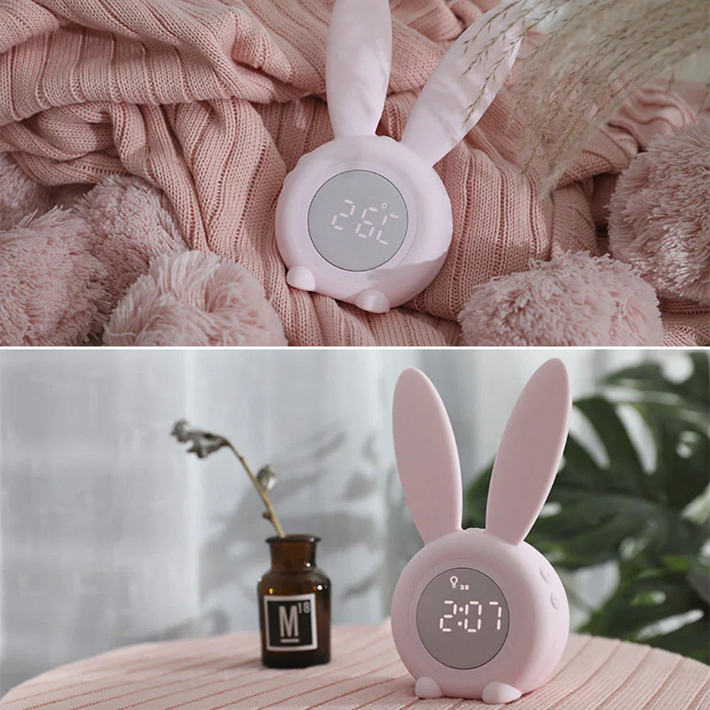 Adorable bunny-eared digital alarm clock with LED display, sound control, and magnetic design