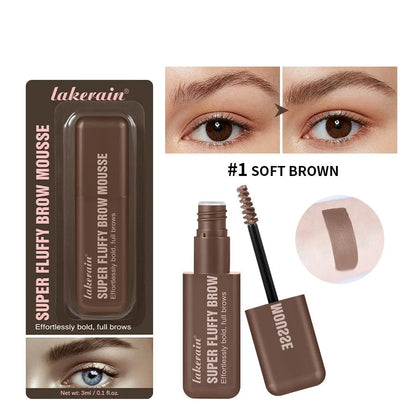 Eyebrow cream mousse in packaging with six shade options for long-lasting, three-dimensional brow definition.