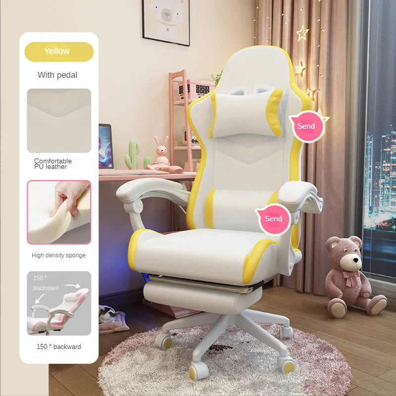 Blue rotatable reclining gaming chair for a girls bedroom with a five-star nylon base and fixed handrails.