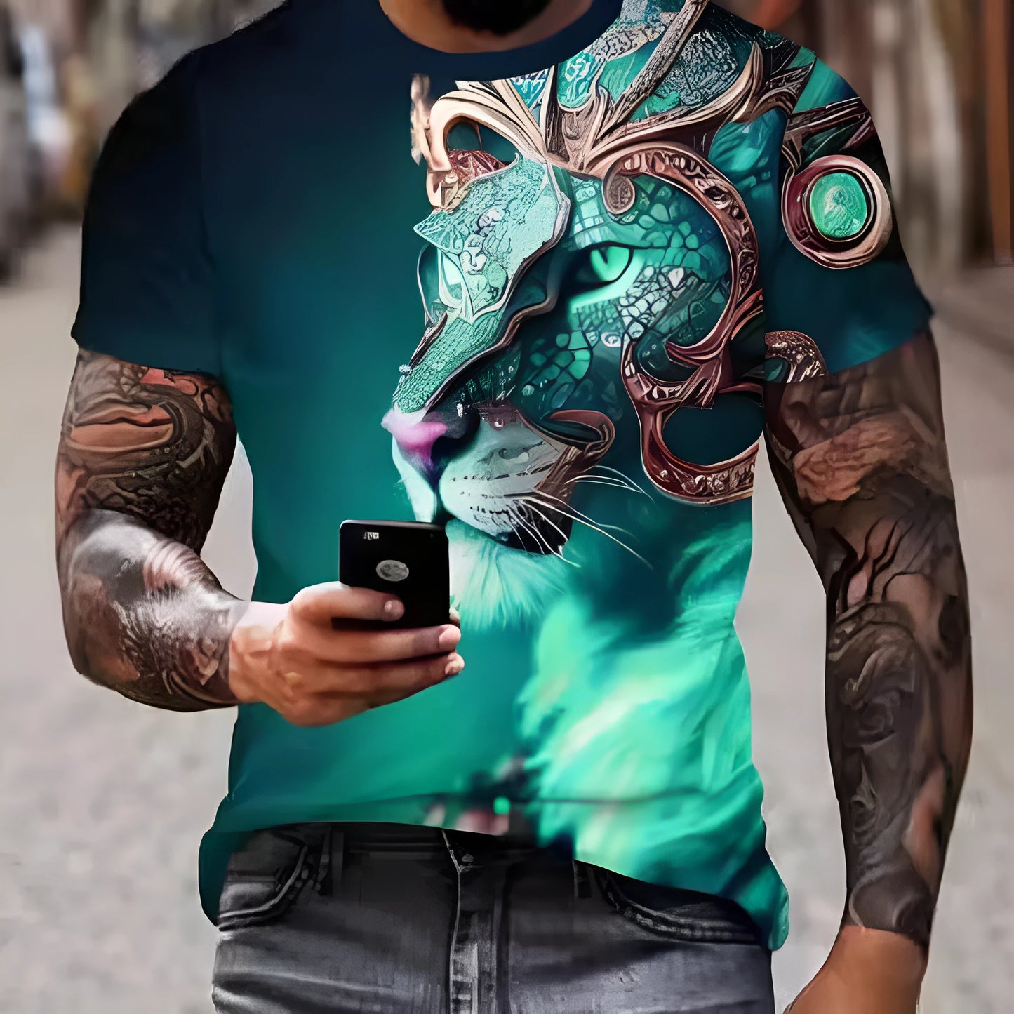 Men's black t-shirt with a fierce 3D printed lion graphic on the chest.