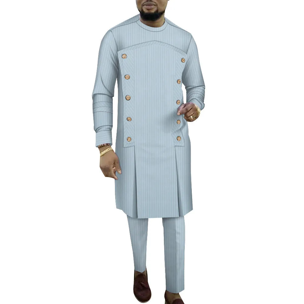 Cotton African striped men's long sleeve top and trousers two-piece loungewear set