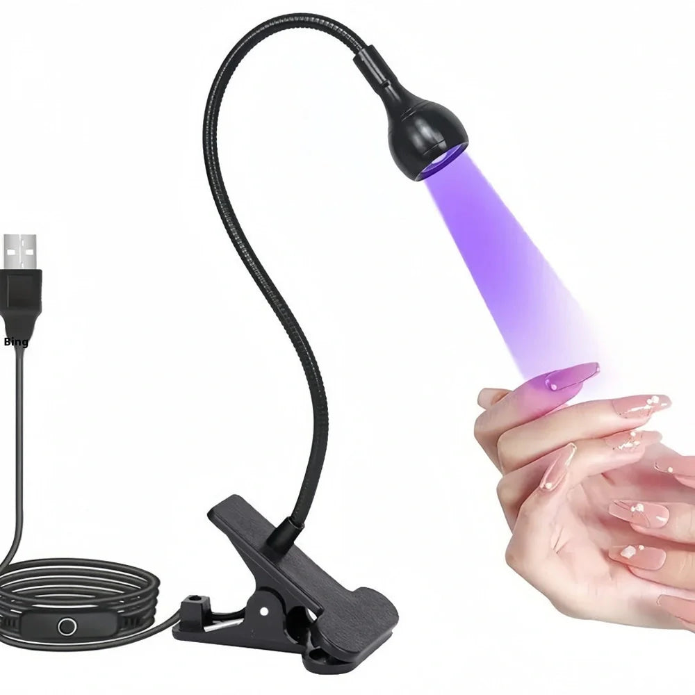 Black gooseneck UV nail lamp with clip attachment, adjustable tube, and straight light body for curing manicures