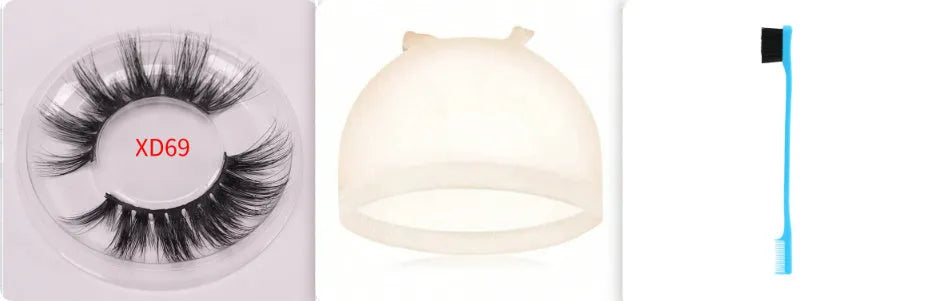 Affectionate brand 5D mink false eyelashes with a hair cap and double-headed brush on a pink background.