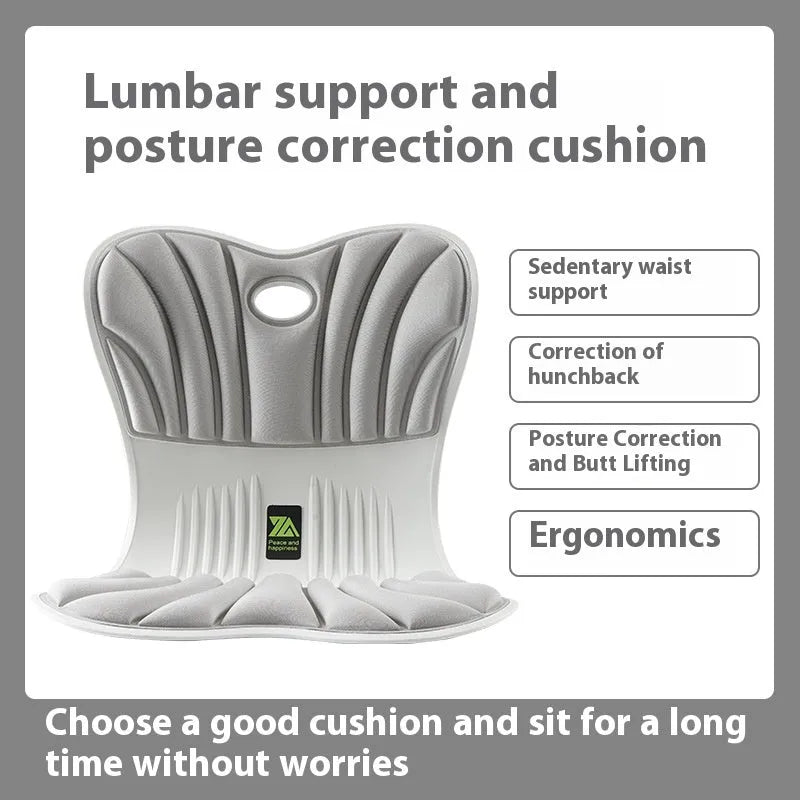Ergonomic waist support seat cushion in grey, shown on an office chair.