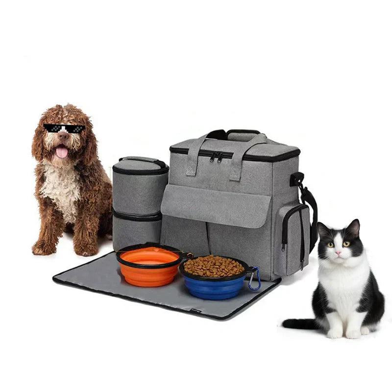 Gray dog travel bag kit with removable divider and multiple carrying options