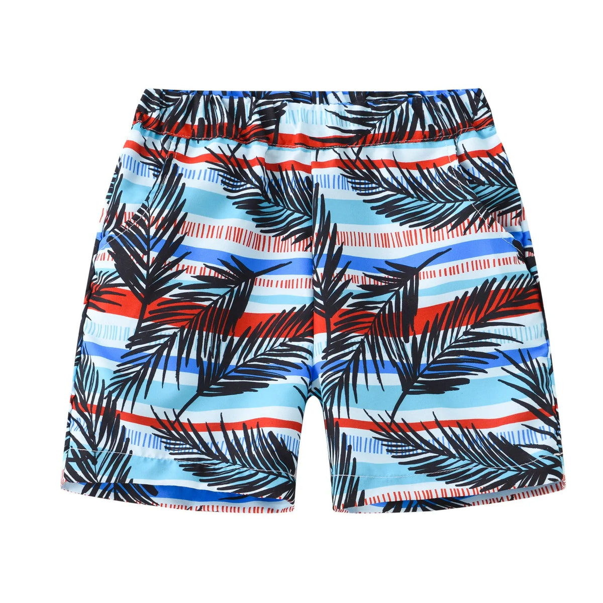 Multi-colour printed beach shorts with hairband belt on a mid-waist, shown in a casual summer style.