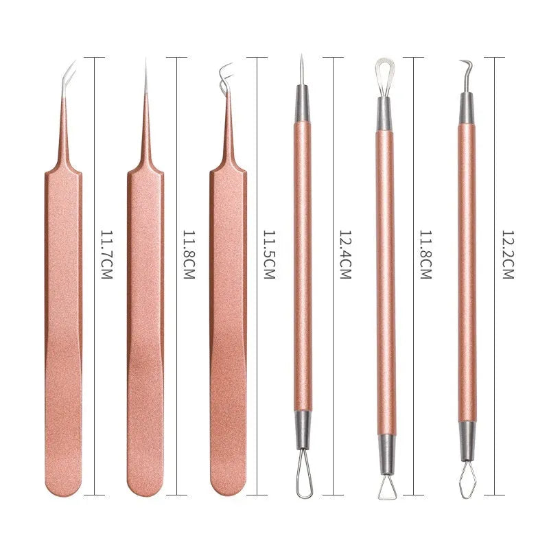 Stainless steel acne remover beauty tool set, dual-purpose pimple pin, 6-piece rose gold set, professional comedone extractor and blackhead remover for skincare routine