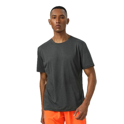 Men's lightweight polyester short sleeve shirt in dark grey with reflective elements for summer sports