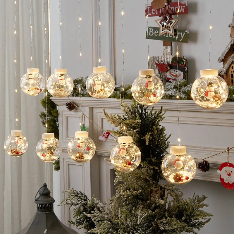 10PCS LED Christmas Curtain Lamp Set with fairy snowman and wishing ball designs for festive decoration